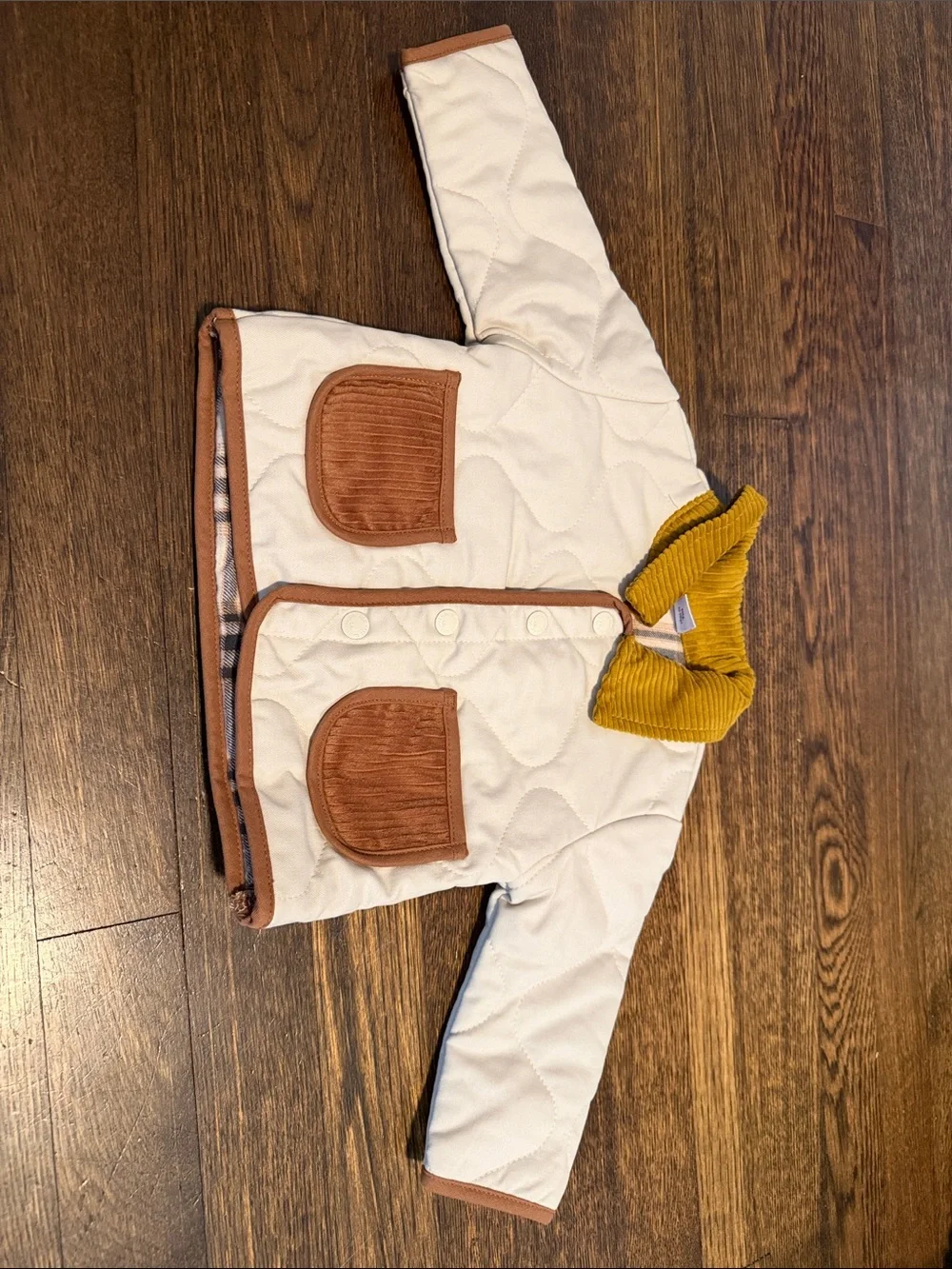 Old Navy kids Ivory Quilted Jacket with Mustard Collar and Brown Trim